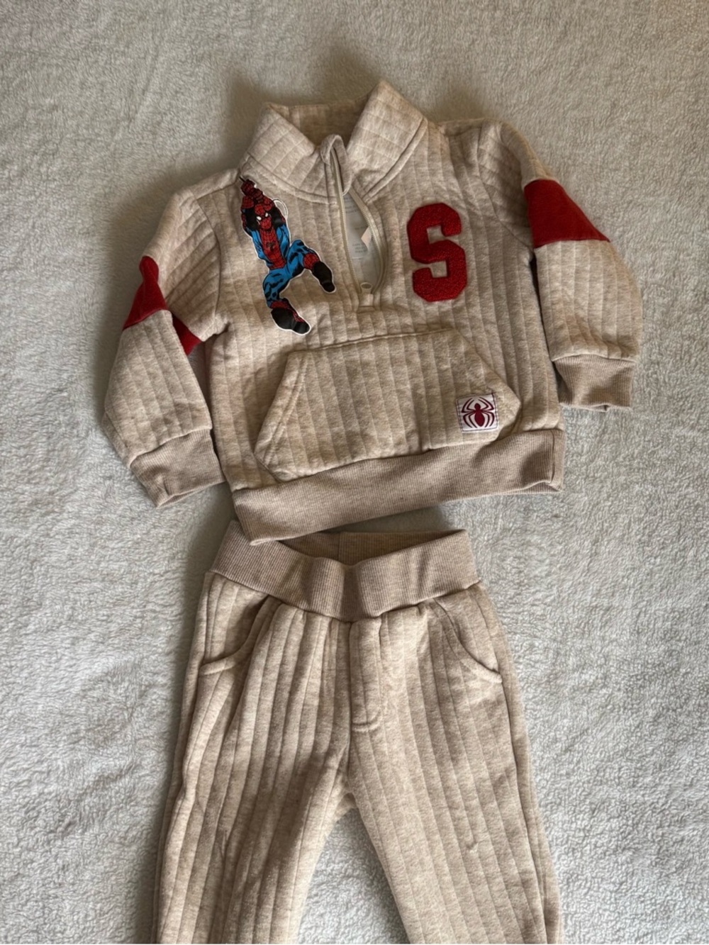 Beige Quilted Two-Piece Marvel Spiderman Set with Red Accents